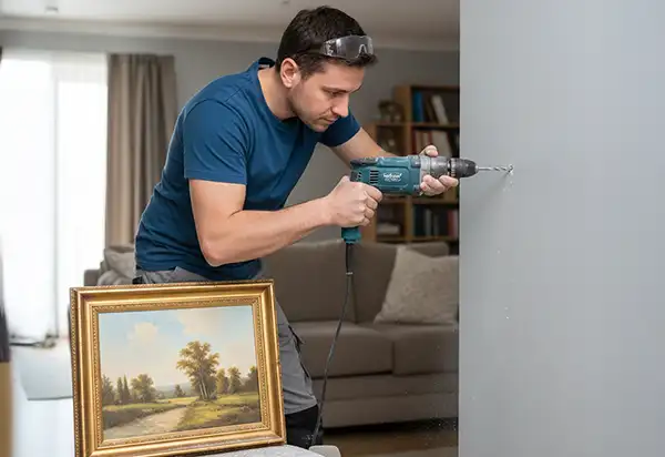 Homem montando um móvel com uma parafusadeira