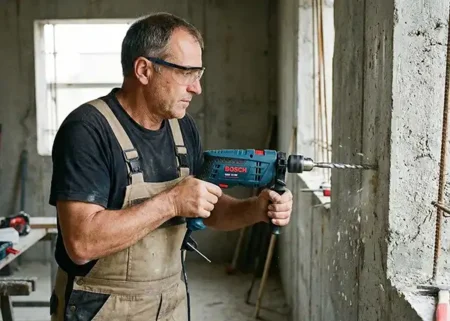 Homem com uma furadeira furando o concreto
