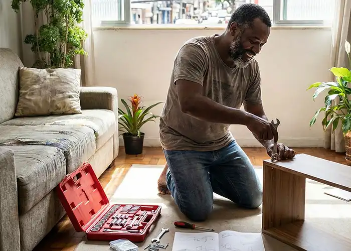 Homem montando um móvel com uma parafusadeira