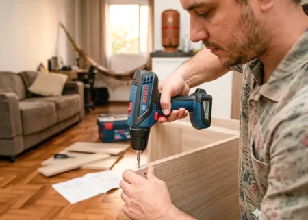Homem montando um móvel com uma parafusadeira