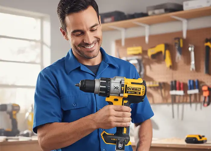 Homem montando um móvel com uma parafusadeira