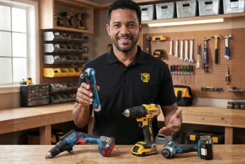 Especialista segurando parafusadeira Bosch ao lado das melhores parafusadeiras do mercado, incluindo DeWalt e outras marcas