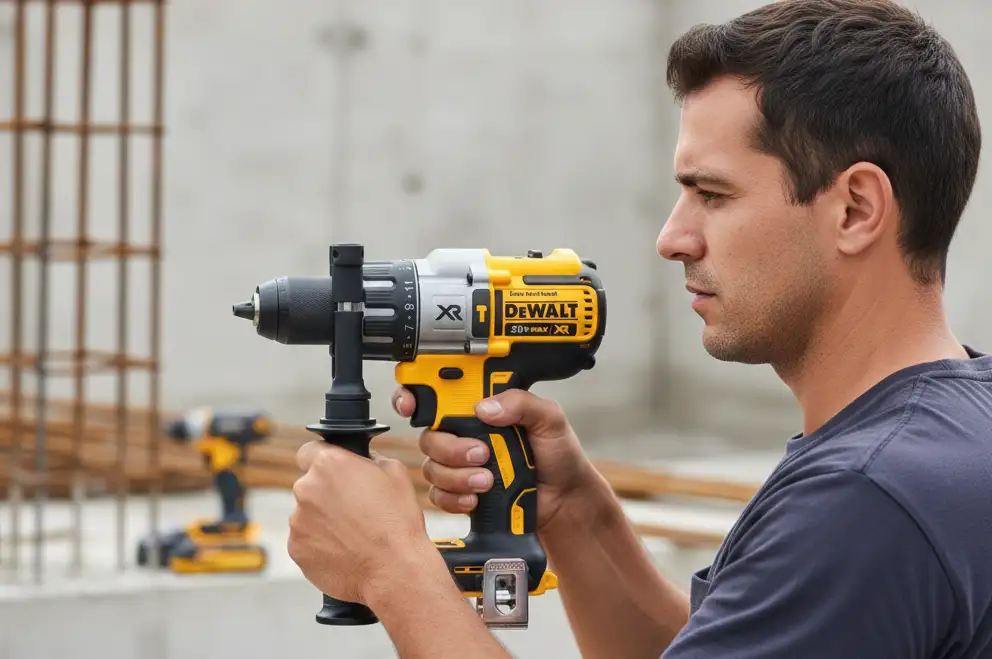 Homem montando um móvel com uma parafusadeira