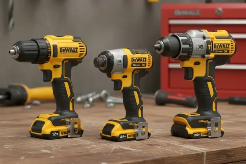 Parafusadeiras DeWalt 12V e 20V lado a lado mostrando diferença de tamanho e potência