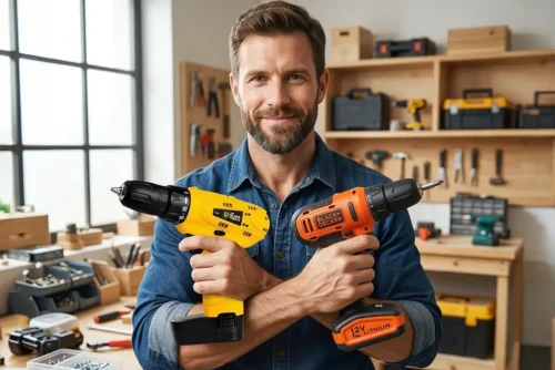 Homem montando um móvel com uma parafusadeira