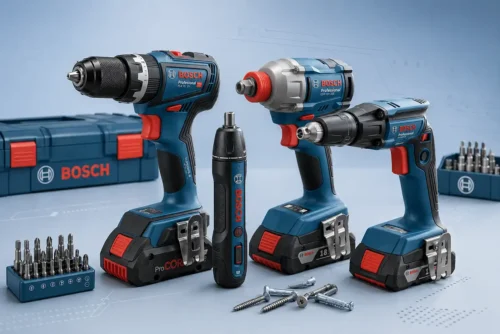 Parafusadeiras Bosch profissionais 18V e 20V com kit de bits e acessórios em fundo azul clean
