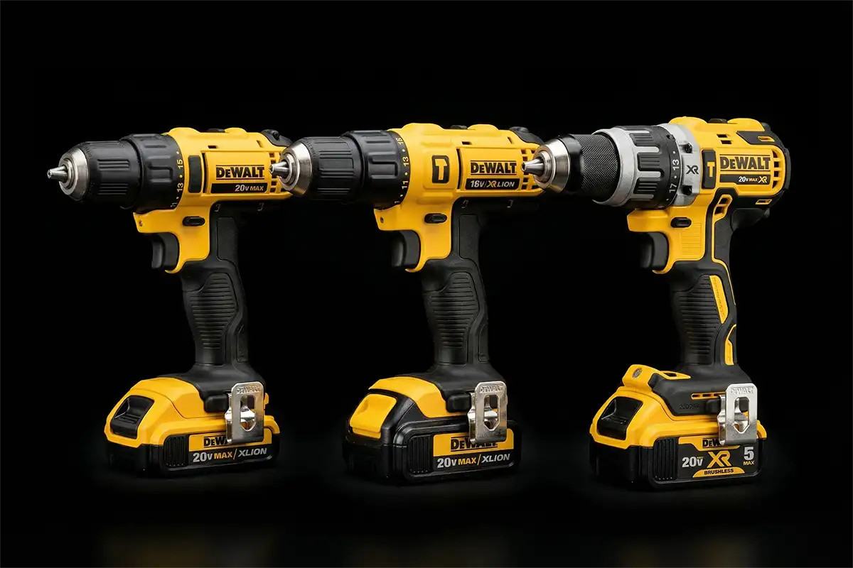Parafusadeira DeWalt 20V comparando modelos com e sem motor brushless lado a lado