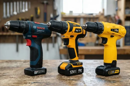 Parafusadeiras 12V Bosch GSB 120-LI, WAP BPF 12K3 e The Black Tools TB12A lado a lado