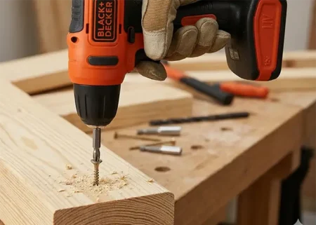 parafusadeira apertando parafuso em madeira durante montagem de móveis