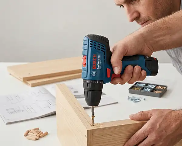 Homem montando um móvel com uma parafusadeira