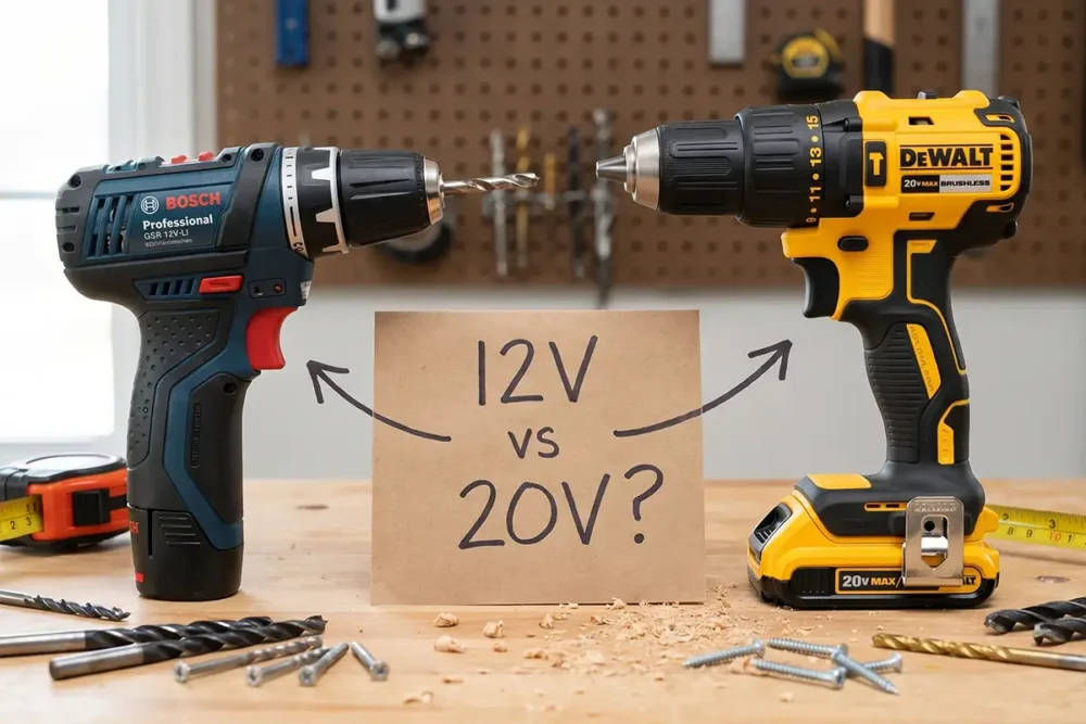 Parafusadeira Bosch 12V e DeWalt 20V lado a lado para comparação de voltagem