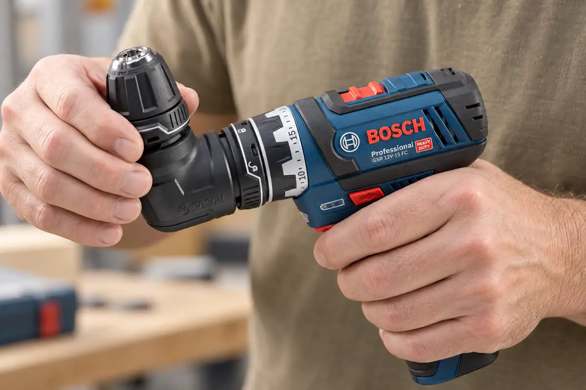 Bosch GSR 12V-15 FC com a cabeça angular do FlexiClick parafusando embaixo de uma prateleira de madeira, em espaço apertado