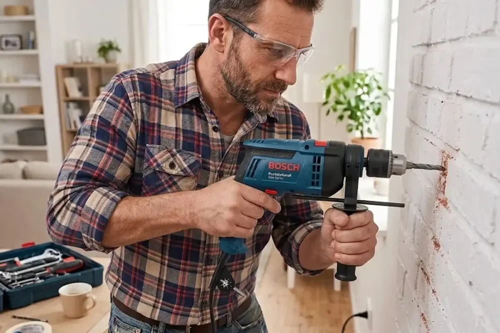 Homem usando furadeira com impacto para perfurar parede de concreto em ambiente doméstico