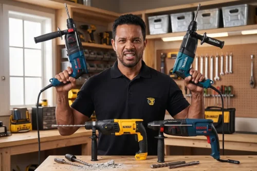 Comparativo de marteletes Bosch, Makita e Dewalt sobre bancada de trabalho