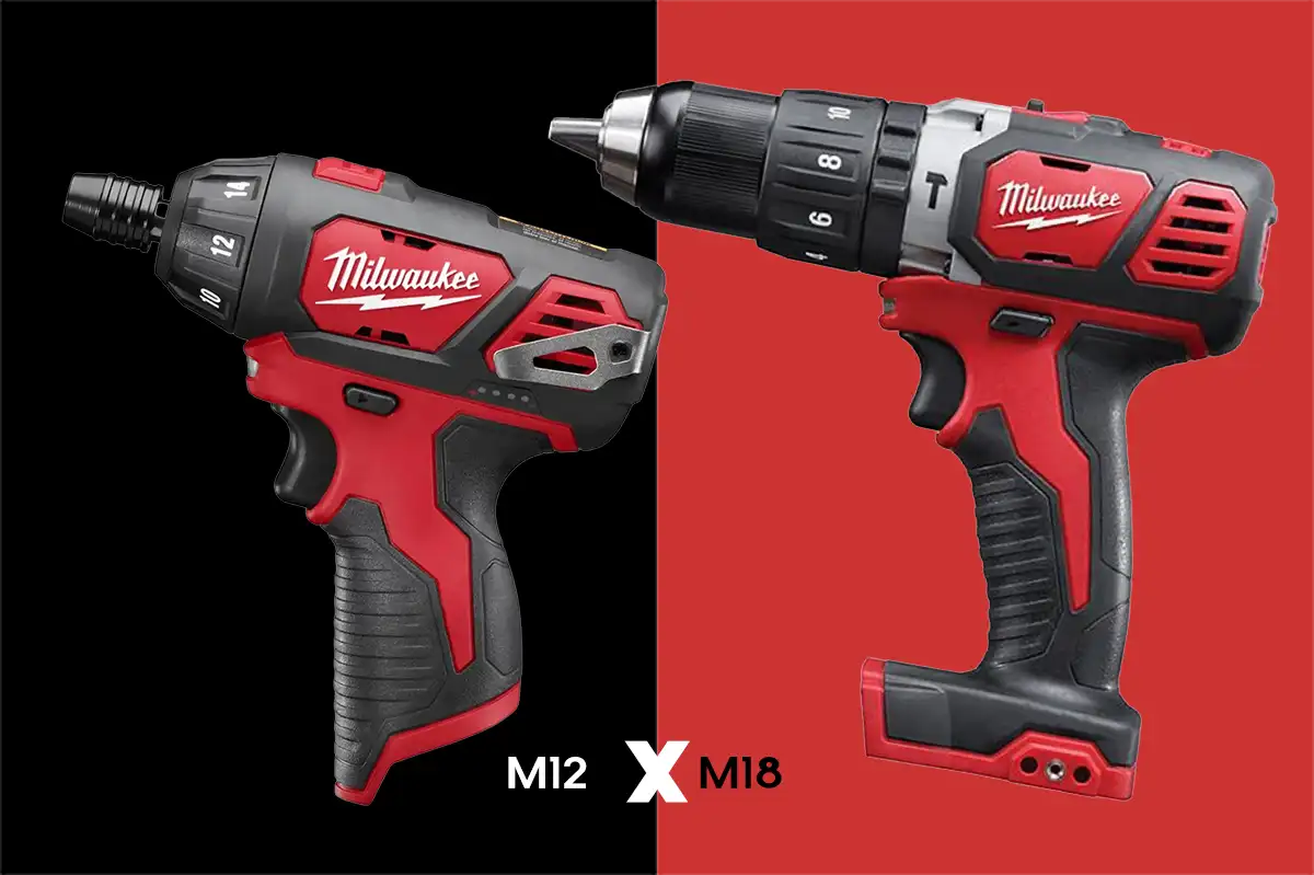 Parafusadeiras Milwaukee M12 e M18 lado a lado para comparação