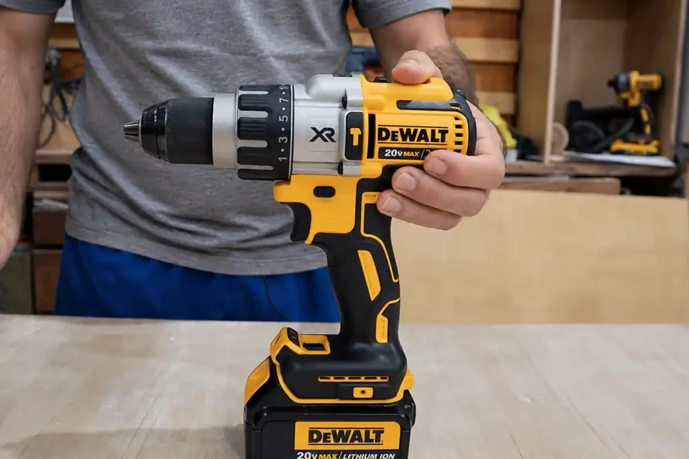 Furadeira e parafusadeira DeWalt DCD996B 20V XR sendo segurada em oficina de marcenaria