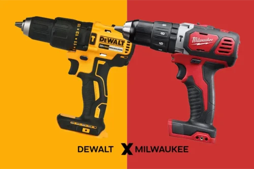 Parafusadeira Dewalt 20V MAX Brushless ao lado de parafusadeira Milwaukee M18 em comparativo de marcas