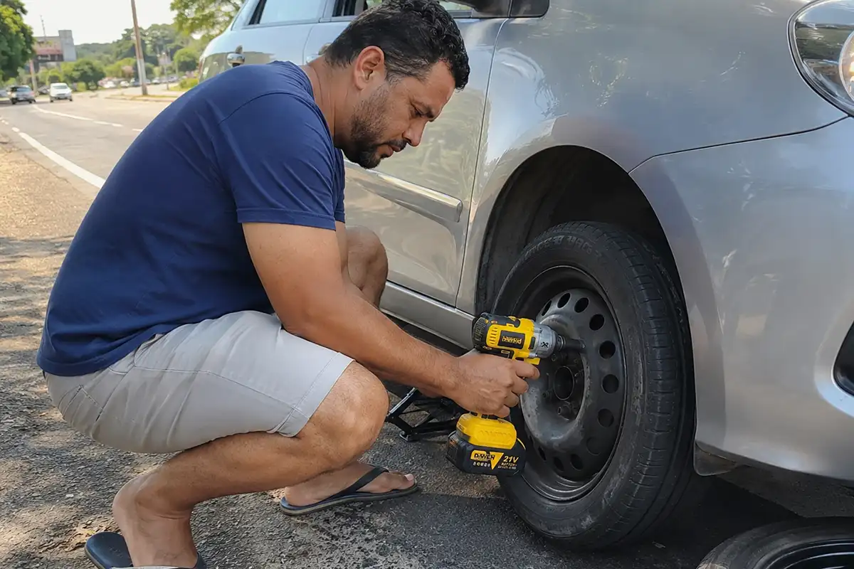 Motorista usando chave de impacto a bateria 21V para soltar parafuso de roda de carro na rua com macaco hidráulico