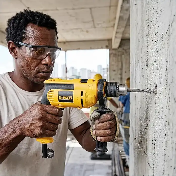Pedreiro fura coluna de concreto com furadeira de impacto DeWalt e broca de vídea em canteiro de obra