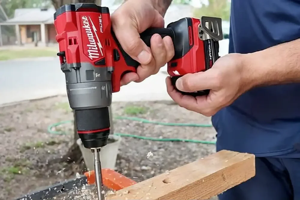 Profissional usando a Milwaukee 2904 M18 Fuel pra furar peça de madeira em obra externa, com bateria REDLITHIUM acoplada