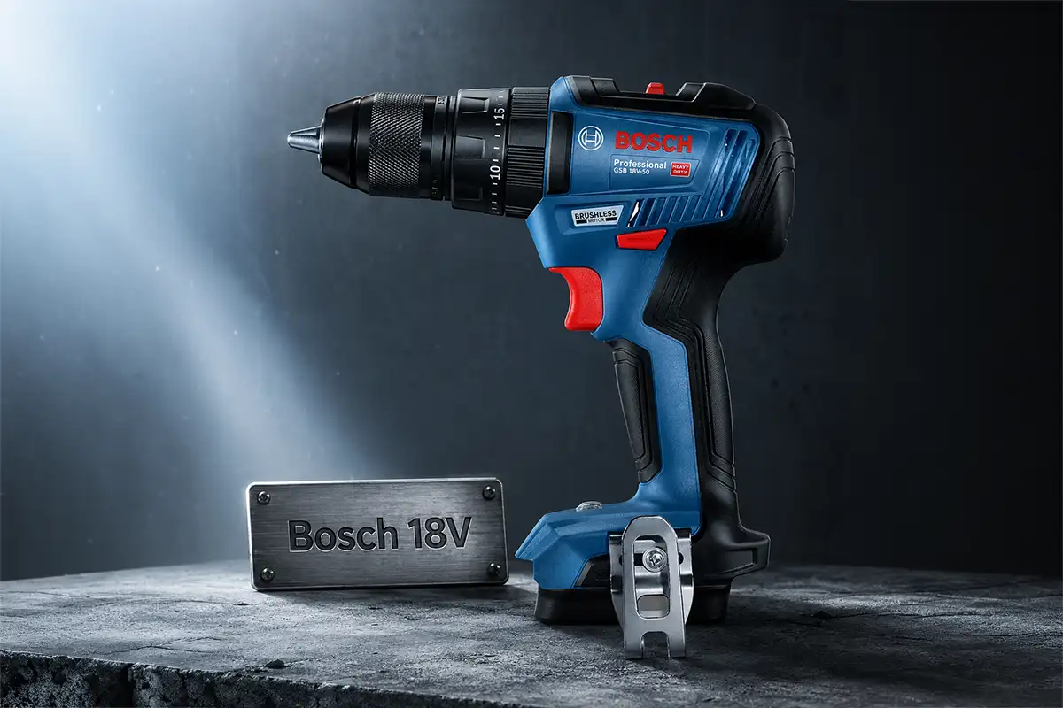 Parafusadeira Bosch GSB 18V-50 Brushless Professional sobre superfície de concreto com placa metálica Bosch 18V