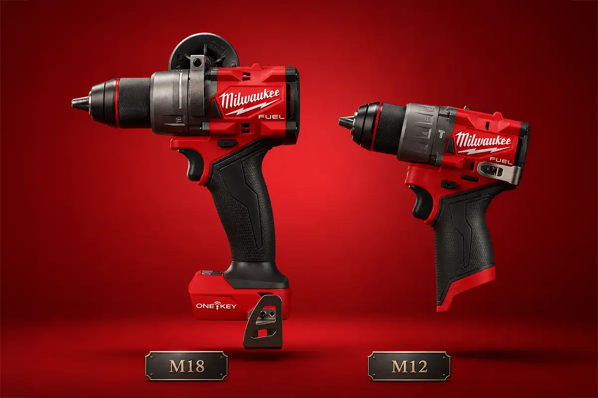 Parafusadeiras Milwaukee M12 e M18 lado a lado em fundo neutro