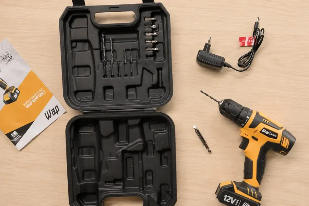 Parafusadeira WAP BPF 12K3 12V ao lado da maleta aberta com brocas, bits, carregador bivolt e manual