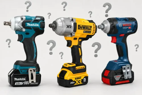 Três chaves de impacto a bateria profissionais lado a lado, Makita, DeWalt e Bosch, com interrogações representando a dúvida de qual modelo escolher
