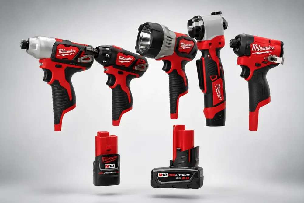Ferramentas Milwaukee M12 com parafusadeiras, lanterna e baterias 12V