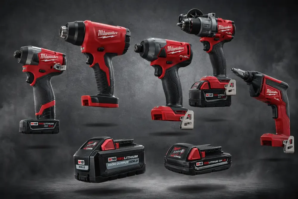 Ferramentas Milwaukee M18 com parafusadeiras profissionais e baterias 18V