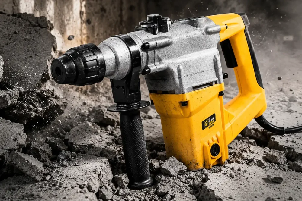 Martelete Black Tools TRM1000 de 1000W com encaixe SDS Plus e empunhadura auxiliar apoiado sobre escombros de concreto