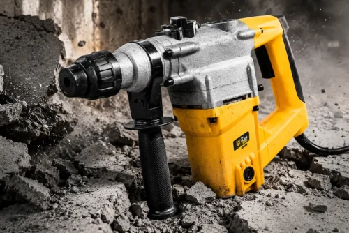 Martelete Black Tools TRM1000 de 1000W com encaixe SDS Plus e empunhadura auxiliar apoiado sobre escombros de concreto
