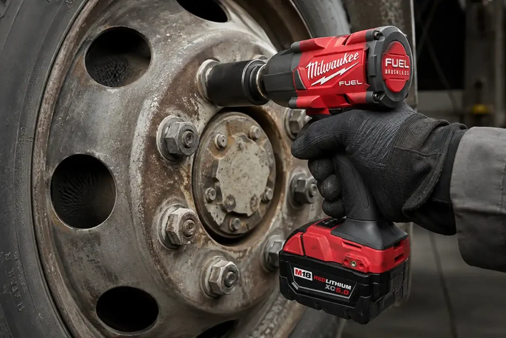 Chave de impacto Milwaukee M18 FUEL 2962 usada em roda de caminhão