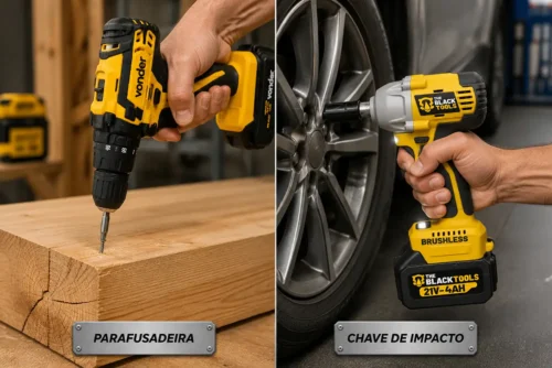 Parafusadeira parafusando uma tábua de madeira ao lado de uma chave de impacto soltando a porca da roda de um carro