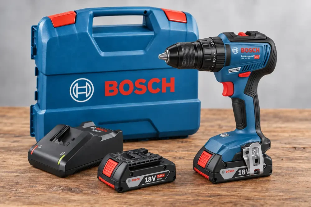 Kit Bosch GSB 18V-50 brushless com maleta, carregador GAL 18V-40, duas baterias 18V de 2,0 Ah e a parafusadeira com mandril de aperto rápido