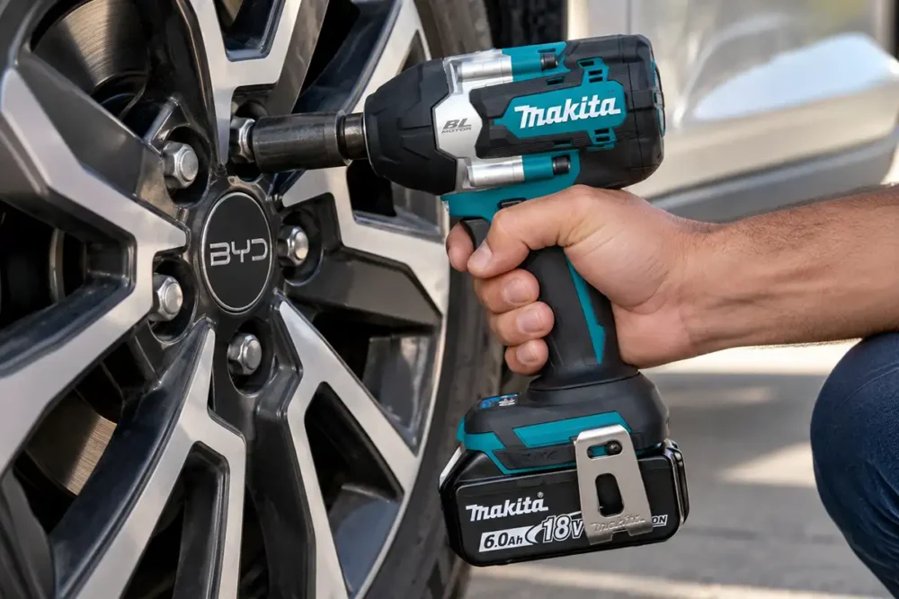 Chave de impacto Makita a bateria usada para remover roda de carro