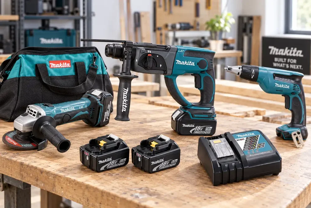 Ferramentas Makita LXT 18V com baterias e carregador sobre bancada