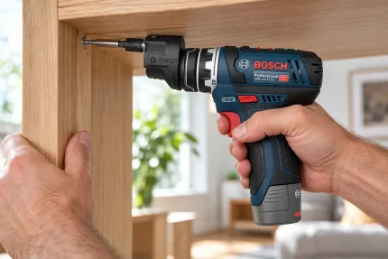 Parafusadeira Bosch GSR 12V-15 FC parafusando a lateral de um móvel de madeira em ambiente doméstico