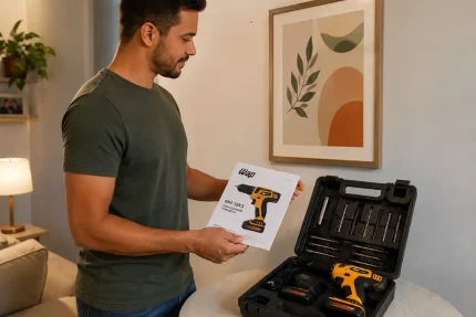 Homem segurando manual da parafusadeira WAP BPF 12K3 ao lado da maleta aberta com brocas, bits e carregador